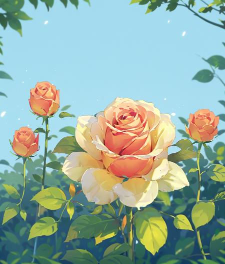 yellow flower, flower, no humans, leaf, orange flower, plant, rose, yellow rose, sky, outdoors, blue sky, day(illustration:1.0), masterpiece, best quality    <lora:floweras_20231016212448:0.78>