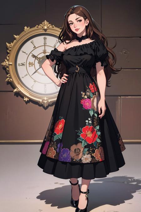 ((Masterpiece, best quality,edgQuality)),smirk,smug,
edgVTD, 1girl, solo, long hair, simple background, brown hair, brown eyes, full body, black footwear, black dress, high heels, lips, floral print, realistic ,wearing edgVTD
<lora:edgVintageTeaDress:1>