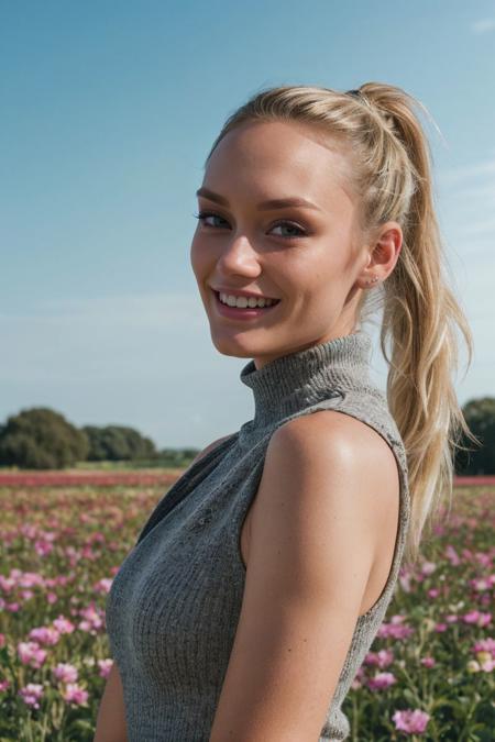 portrait of S480_WinterBell,a gorgeous woman,on a (flower field:1.1),wearing a (cowlneck),(ponytail),(4k, RAW photo, best quality, 50mm, depth of field, ultra high res:1.1),(intricate, photorealistic, cinematic-shot, masterpiece, ultra-detailed:1.1),