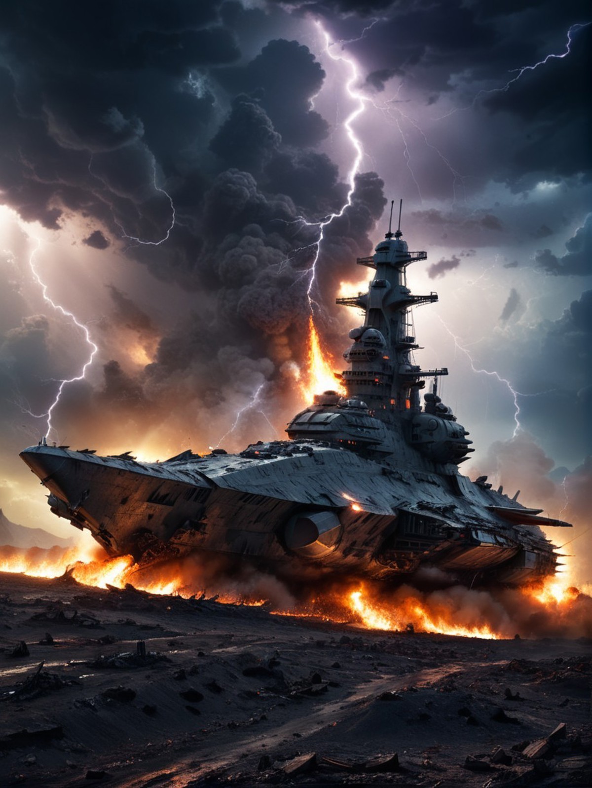 A large battleship with flames surrounding it and lightning striking it.