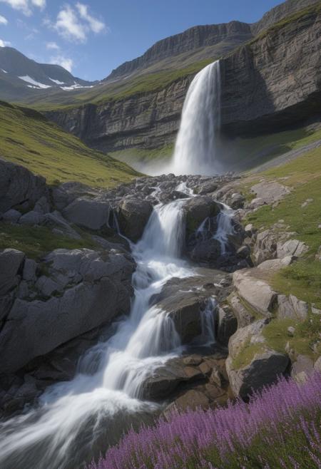 landscape featuring a cascading waterfall flowing through rugged, dark grey rocks. The water appears white and frothy as it tumbles down multiple levels, creating a dynamic and lively scene. Surrounding the waterfall, patches of green vegetation and purple heather add colour and contrast to the rocky terrain. In the background, rolling hills and tall mountain peaks are visible under a clear sky, contributing to the natural and serene atmosphere. The overall composition highlights the beauty and power of nature, with the waterfall as the central focal point. advntr