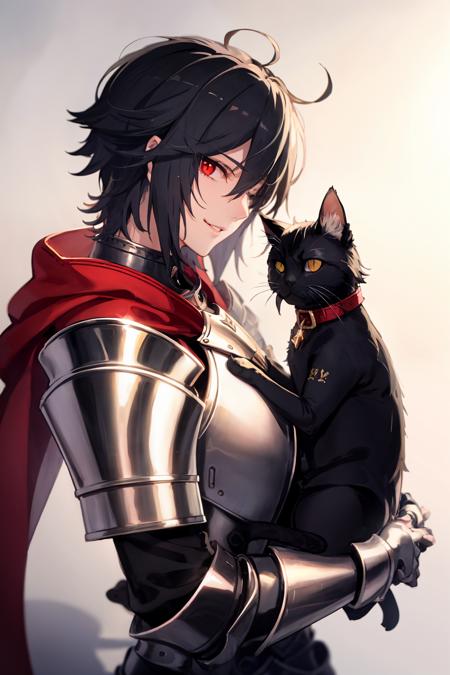 masterpiece, best quality,  <lora:style03:1>,red eyes, cat, black cat, armor, 1boy, male focus, black hair, holding, shoulder armor, short hair, animal, hair between eyes, upper body, looking at viewer, bangs, parted lips, gauntlets, black armor, gloves, collar, holding animal, pauldrons, spikes, solo, shadow, holding cat, red gloves, long sleeves, gradient background, smile, gradient, from side, hand up, one eye closed, shoulder spikes, eyes visible through hair, slit pupils, mechanical arms, breastplate, red collar, simple background, closed mouth