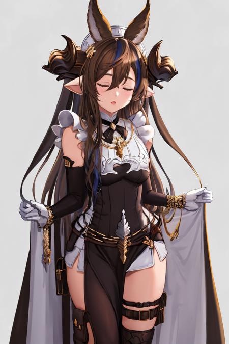 galleondef, horns, closed eyes, dress, white gloves, frills, detached sleeves, frilled sleeves, thighhighs, thigh strap, pelvic curtain galleonlco, horns, blindfold, black dress, cleavage, cleavage cutout, thigh strap