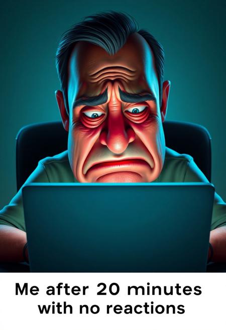 A hyper-stylistic, 3D Looney Tunes-inspired image depicts a man sitting in front of his laptop, his face contorted in an absurdly exaggerated expression of sadness and hopelessness. Tears are streaming down his cheeks, his eyes are red and puffy, and his mouth is downturned in a pitiful frown. His face is a picture of utter despair, with deep creases and wrinkles etched into his skin. Every detail of his sorrowful features is meticulously rendered, from the quivering muscles in his face to the trembling fingers on his keyboard. The laptop screen glows with a soft, blue light, casting an eerie glow on the man's despair. Under the image, a humorous phrase reads: "Me after 20 minutes with no reactions". The overall effect is one of comical, over-the-top sadness, as if the man's very soul has been crushed by the lack of online validation. highest-Quality, intricate details, visually stunning, Masterpiece