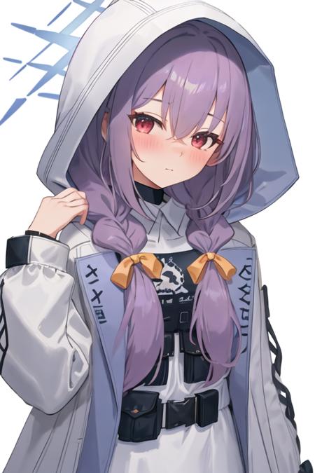 best quality, masterpiece, highres, solo, {atsuko_bluearchive:1.15}, long_hair, red_eyes, purple_hair, bangs, braid, twin_braids, halo, blush, hair_between_eyes, bow, low_twin_braids, hair_bow, closed_mouth, 1girl, hood, hood_up, hooded_jacket, jacket, looking_at_viewer, white_jacket, belt_pouch, long_sleeves, open_jacket, pouch, simple_background, white_background, yellow_bow, open_clothes, twintails, hooded_coat, low_twintails, shirt, tactical_clothes