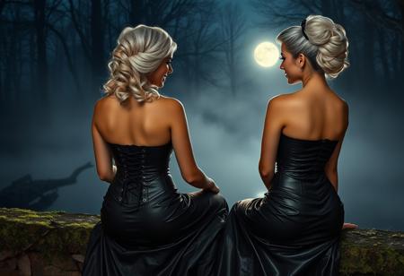 Picture taken from behind, two voluptuous young ladies with beautiful white and black hairdo shyly smiling at each other, sitting at night in the moonlight on a mossy stone wall, facing a foggy forest lake. They wear leather underbust corsets over lavish long shiny latex dresses. Full body shots, perfect faces, masterpiece, fine details, breathtaking artwork, professional art style, high quality, 8k, very detailed, high resolution, exquisite composition and lighting.