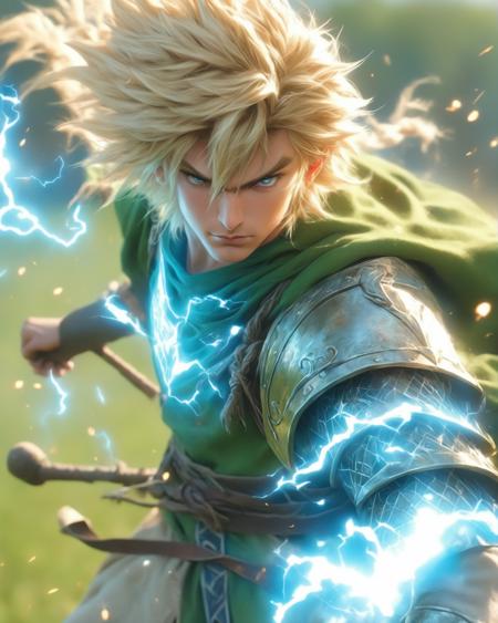 anime thunder wizard casting spell, young male, blonde hair, blue eyes, medieval poor attire, green grasslands background, photorealistic, photorealism, greg rutkowski, trending on artstation, film, studio lighting, detailed skin, ultra realistic, bokeh, sharp features