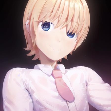 realistic photo of a SenpaiCA2021, solo, looking at viewer, smile, short hair, blue eyes, blonde hair, simple background, shirt, closed mouth, white shirt, upper body, necktie, collared shirt, orange hair, portrait, pink necktie