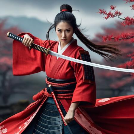 Hyperrealistic art of  <lora:female samurai style:1>
an epic cinematic photo of a woman in a red samurai armor holding 1Katana female samurai style, Extremely high-resolution details, photographic, realism pushed to extreme, fine texture, incredibly lifelike