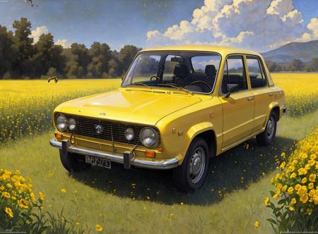 realistic photo of a lada, on (yellow field:1.2), (bees:1.2),  by Jeremy Lipking, by William Bouguereau, (by Alphonse Mucha:0.5),  sabudenego, jeremy lipking, masterpiece