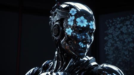 female cyborg, urban samurai, sci-fi, schematic, ((data glitch effect)), liquid chrome, holographic face, dark fantasy, chiaroscuro, , niji style, ukiyo-e, floral patterns, ((masterpiece)), (Ultra-HD), (high-resolution), (16k), (epic), (insanely detailed:1), (photorealistic:1), color-graded, anime style, concept art, drawing, edge lines, harsh shadows, high contrast, (dark shadows, warm colors, dark colors, high contrast)