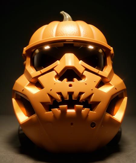 cinematic film still cinematic photo focus on bobblehead orange space stormtrooper with (helmet in design shape of  jackolantern:1.2), character in space, parody, dark background, . 35mm photograph, film, bokeh, professional, 4k, highly detailed . shallow depth of field, vignette, highly detailed, high budget Hollywood movie, bokeh, cinemascope, moody, epic, gorgeous, film grain, grainy