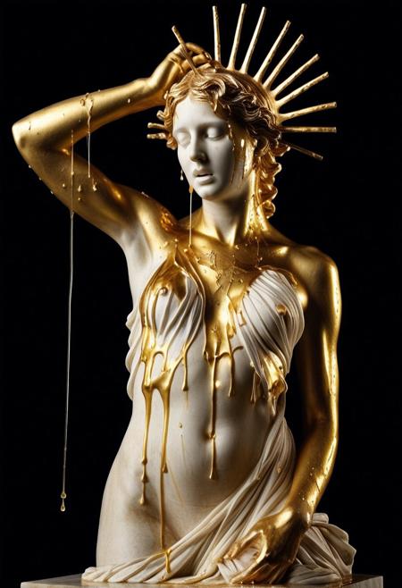 Best quality, close-up from down, masterpiece artwork, Realistic professional photography art work, Extreme detailed, imperfection broken statue (white_stone:1.5) 1 (women_sculpture:1.5) with (gold_liquid:1.1), detailed chrome_gold texture, wearing (gold_cultiste_head_accessories:1.4), standing with naughty sexy pose with hands up, expression is crying with (gold_tears:1.5), (full_liquid_head:1.4), full figure, armpit, perfect fit busty body, gold liquid melted and dripping from head, 
gold liquid flowed through his body, melted golden liquid goo on top, golden_fluids, studio lighting to highlight melted liquid. Raw Photography, 8K resolution, inspired by luxury contemporary art installations and surreal classic statue designs, dramatic angle, melancholy dark mood, exposed at dark classic museum, dramatic lighting_from_down, with classic museum background. RetroBG, crying style, Sculpture, CheeseOnTopStyle
