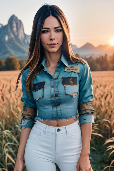 photo of (BuYi101:0.99), a woman as a sexy TikTok influencer, (standing in a field),(wearing tight distressed jeans), ((sexy shirt:1.4)) , modelshoot style, (extremely detailed CG unity 8k wallpaper), large breasts, photo of the most beautiful artwork in the world, professional majestic (photography by Steve McCurry), 8k uhd, dslr, soft lighting, high quality, film grain, Fujifilm XT3 sharp focus, f 5.6, High Detail, Sharp focus, dramatic, ((mountains in the background)), (golden hour:1.2),( sunset:1.2), (looking off to the side:1.2), (detailed pupils:1.3), (natural light), (closeup:1.2), (seductive), (incredibly_absurdres:1.1), (absurdres:1.1),