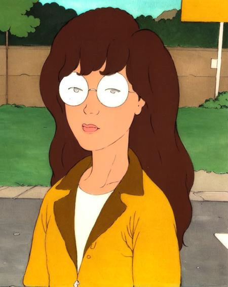 daria, 1girl, solo, upper body, yellow jacket, white shirt, outdoors, brown hair, glasses, retro artstyle, 1990s_\(style\), 1girl, traditional media, upper body, beavis and butt-head style, <lora:daria_dataset-11:.9>