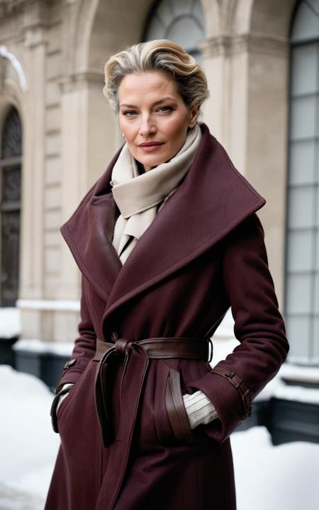(style of Annie Leibovitz), [winter:high-fashion:0.7] setting, a model striking an elegant pose amidst a snowy urban landscape, featuring a luxurious wool coat, tailored to perfection with a cinched waist and exaggerated lapels, rich burgundy color, texture visible, complemented by a cashmere scarf in a soft, contrasting hue, draped effortlessly around the neck, knee-high suede boots in a deep espresso, a touch of sophistication, delicate leather gloves adorning her hands, a subtle nod to classic elegance, softly curled hair tumbling over her shoulders, makeup natural with a hint of rosiness on cheeks and lips, capturing the essence of winter warmth and style, snowflakes gently falling around, creating a serene, almost magical atmosphere, soft golden hour light casting a warm glow, highlighting the intricate details of the coat, the backdrop a blend of historic architecture and modern elements, creating a juxtaposition of timelessness and contemporary fashion, her expression serene and confident, embodying the spirit of a modern, stylish winter.