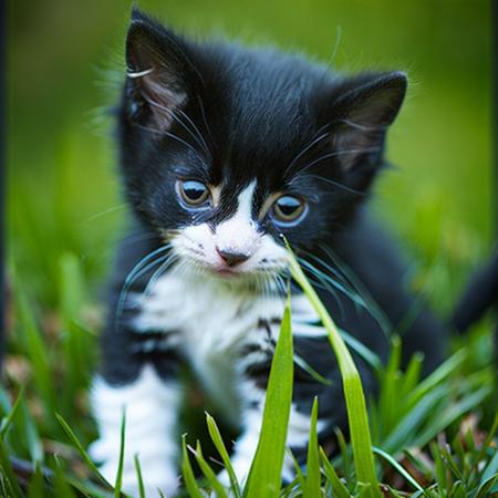 <lyco:Kitty:1.0>  black and white small Kitten  in the green grass, realistic, photo