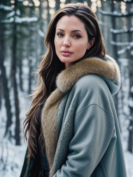 beautiful woman ( 4nj0lie:.99), beautiful hair, winter forest, snowing, natural skin texture, fashionable fur coat, 24mm, 4k textures, soft cinematic light, adobe lightroom, photolab, hdr, intricate, elegant, highly detailed, sharp focus, ((((cinematic look)))), soothing tones, insane details, intricate details, hyperdetailed, low contrast, soft cinematic light, exposure blend, hdr, faded
