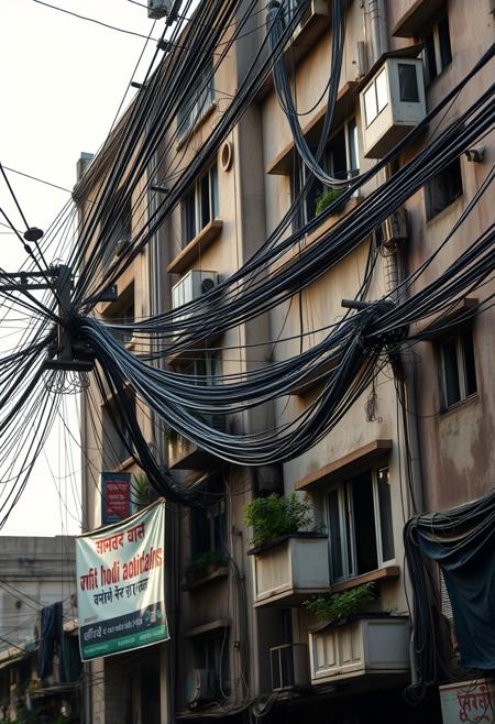 A beautifully composed professional photograph of an apartment building in New Delhi, focusing on the mass of cables, power lines, tangled phone wires and cable TV wires. Insane amount of wires, ultra realistic and detailed, banners and advertisements in Hindi, buildings are heavily weathered and dirty, pleasing early morning warm light highlights the buildings details, small balconies growing plants