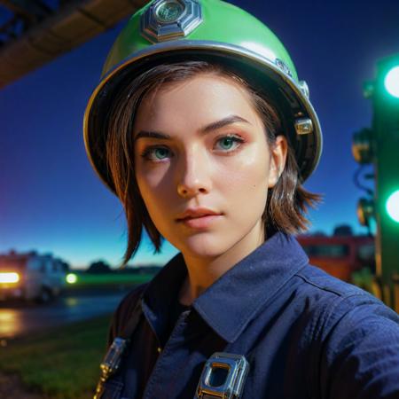 (stylized by theCHAMBA:1.2) and (KÅji Morimoto:1.3) , anime key visual, majestic, selfie shot angle of a Technopunk Moody short Roman (Female Firefighter:1.3) , the Firefighter has pleasant hair, Chic field in background, warm indoors with Catalpa, at Blue hour, Sharp and in focus, Magic Realism, Lonely, Seapunk Art, Neon Light, 50mm, Instax, halation, raytraced reflections, detailed face, Green detailed eyes, extremely hyper aesthetic, most beautiful artwork in the world