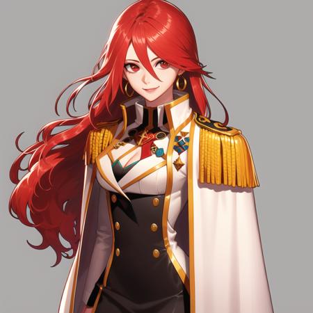 (best quality), ((masterpiece)), (highers), original, extremely detailed CG unity 8k wallpaper,
1girl, solo, long hair, red eyes, breasts, cleavage, red hair, cape, earrings, jewelry, cleavage cutout, looking at viewer, simple background, uniform, smile, epaulettes, grey background, medium breasts, clothing cutout, military uniform, hair between eyes, military, 
<lora:DNF_style_v2:0.9>