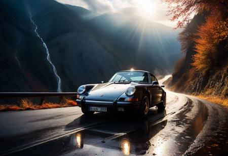 raw photo of a classic Porsche 911 on high mountain wet road, nebula, Need For Speed, Fast & Furious, sun rays, dramatic lighting, autumn leaves.