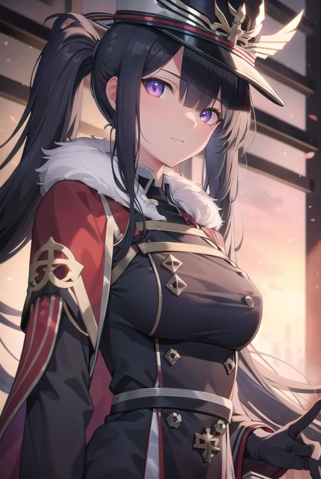 peterstrasser, <lora:peterstrasser-lora-nochekaiser:1>,
peter strasser, black hair, hair over one eye, long hair, one eye covered, (purple eyes:1.1), twintails,
BREAK armored boots, black coat, black footwear, black ribbon, boots, buttons, cape, coat, fur trim, fur-trimmed cape, gloves, hat, high heels, military hat, peaked cap, red cape, ribbon, stiletto heels, white gloves, white headwear,,
BREAK looking at viewer,
BREAK indoors,
BREAK <lyco:GoodHands-beta2:1>, (masterpiece:1.2), best quality, high resolution, unity 8k wallpaper, (illustration:0.8), (beautiful detailed eyes:1.6), extremely detailed face, perfect lighting, extremely detailed CG, (perfect hands, perfect anatomy),