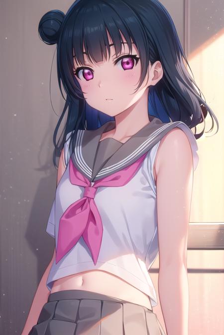 yoshikotsushima, <lora:yoshiko tsushima s2-lora-nochekaiser:1>,
yoshiko tsushima, long hair, bangs, blue hair, (pink eyes:1.3), hair bun, single hair bun, single side bun,
BREAK shirt, school uniform, white shirt, serafuku, neckerchief, uranohoshi school uniform, (orange neckerchief:1.2), sleeveless, skirt, pleated skirt, grey skirt,
BREAK indoors, classroom,
BREAK looking at viewer, (cowboy shot:1.5),
BREAK <lyco:GoodHands-beta2:1>, (masterpiece:1.2), best quality, high resolution, unity 8k wallpaper, (illustration:0.8), (beautiful detailed eyes:1.6), extremely detailed face, perfect lighting, extremely detailed CG, (perfect hands, perfect anatomy),