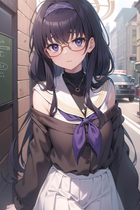 uikozeki, <lyco:uikozeki-lyco-nochekaiser:1>,
ui kozeki, bags under eyes, black hair, (purple eyes:1.5), glasses, halo, long hair, red-framed eyewear,
BREAK black pantyhose, black undershirt, blue hairband, blue neckerchief, brown cardigan, brown sweater, cardigan, hairband, long sleeves, messy hair, neckerchief, pantyhose, sailor collar, school uniform, serafuku, sweater, white sailor collar, white serafuku, skirt, long skirt,
BREAK looking at viewer,
BREAK indoors, classroom,
BREAK <lyco:GoodHands-beta2:1>, (masterpiece:1.2), best quality, high resolution, unity 8k wallpaper, (illustration:0.8), (beautiful detailed eyes:1.6), extremely detailed face, perfect lighting, extremely detailed CG, (perfect hands, perfect anatomy),