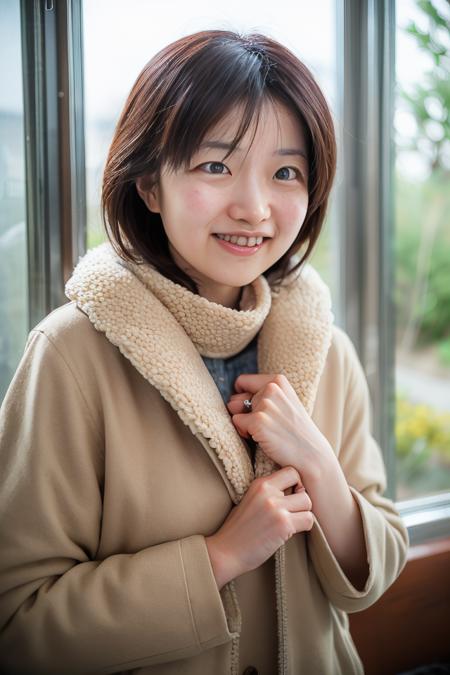 realistic photo of shiho, portrait,
<lora:shihoMegaPlusHD1:1> , "Japanese young woman in a winter coat with faux fur collar.", "A bashful expression, her eyes gently lowered or glancing sideways, a delicate blush coloring her cheeks. Her lips curve into a subtle, coy smile, portraying a mix of shyness and gentle amusement. Her overall demeanor is one of reserved joy and quiet grace, capturing the essence of a shy, tender moment.", (SIGMA 50 mm F/1.4), "Frosty windows with silhouettes of families sharing warmth and laughter inside.", "Wildflowers blooming beside a winding spring trail."