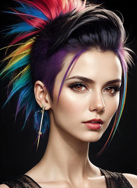 portrait of sks woman by Flora Borsi, style by Flora Borsi, bold, bright colours, rainbow Mohawk haircut, ((Flora Borsi)), <lora:locon_victoriajustice_v1_from_v1_64_32:1>