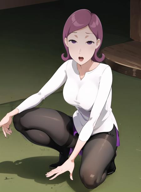 {best quality}, {{masterpiece}}, {highres}, original, extremely detailed 8K wallpaper, {an extremely delicate and beautiful},1girl,purple hair,makeup, purple_eyes,closed eyes, smell,  whirt shirt,black skir,black stockings,medium_breasts, squatting, open her legs,<lora:zhangxiaoli:1>