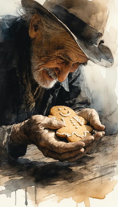 Ink art, watercolour washes, charcoal shadows: Intimate close-up of a wisened elder, deeply etched smile, delicately cradling a warm gingerbread cookie. Arthur Rackham's expressive lines, Rembrandt's poignant lighting. Sepia, ochre, desaturated blue palette. Soft window light casts gentle chiaroscuro on papery skin, crumbly cookie. Dust-moted sunbeam illuminates antique lace, worn wood. Focus: knowing eyes, gentle hands, central cookie. Atmosphere of nostalgic tenderness, quiet contemplation; implied baking spices, wisp of steam.
