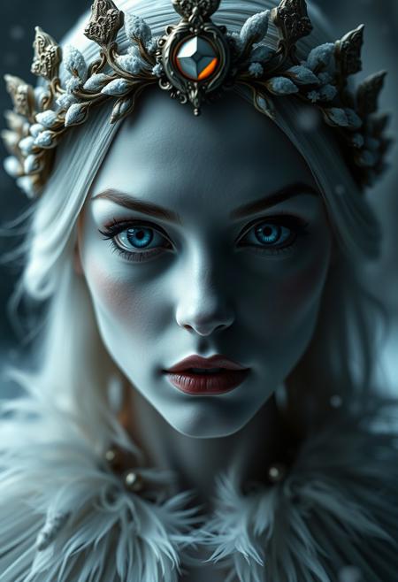 Symmetrical close up shot of a sensual queen , albino, beautiful laurel tiara, feathers collar, extremely beautiful, Big opened eyes, pale skin, from the underworld, subsurface 0.8, two light source, warm and cold contrast, volumetric light, cinematic shot, shot from a movie, gothic aesthetic, horror, gothic, by chris perna, emil melmoth, mystherion, depth of field, bokeh blur, ultra realism, octane render, matt painting, hard shadow, strong light, It"s snowing, photography style