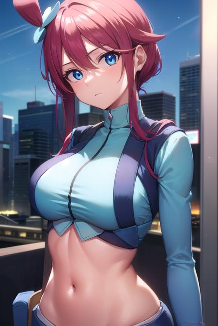 pokemonskyla, blue eyes, hair ornament, one side up, red hair, short hair with long locks, sidelocks, blue footwear, blue gloves, blue jacket, blue shorts, boots, crop top, cropped jacket, gloves, jacket, midriff, navel, short shorts, shorts, thigh pouch,