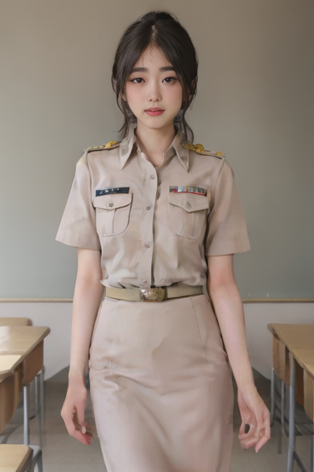 majic is the best ,  <lora:Thai_female_teacher_uniform:0.8>, short sleeve uniform , ((classroom background))