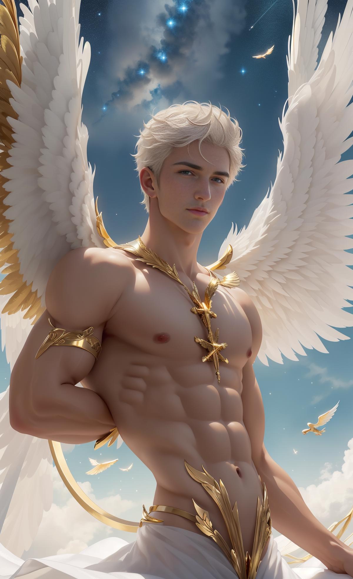 Digital art of a muscular man with white hair, wings, and a golden necklace.