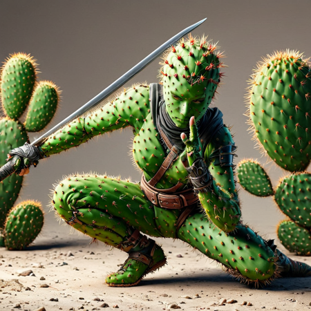 <lora:prickly_pear_style_v2:1>, (High-resolution portrait of a female ninja in elegant cactus armor:1.1), (ninja attires made from cactus:1.2), (ninja shoes made from cactus:1.2), thorn-covered blade in hand, (squat ninja stance:1.1), Prickly Pear Style, realistic, photorealistic, highly detailed, natural lighting, sun rays, (perspective long-range shot:1.1)