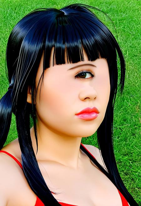 gorgeous lips, cinematic, (masterpiece), (best quality), (ultra-detailed), very aesthetic, illustration, perfect composition, intricate details, absurdres, detailed face, (realistic, ultrarealistic, masterpiece, intricate:1.3), (best quality, hires textures, high detail:1.2), (4k), (incredibly detailed:1.4), in a park, outside, 
a character, light and darkness, enjoyment, relaxation, Delicate, Detail, Masterpiece, Close-up of the face, cyclopsgirl, thinmonobrow, black hair, extremely thick long anime pigtails, ultra long anime bangs, bangs cover eyes and nose, chinlength bangs