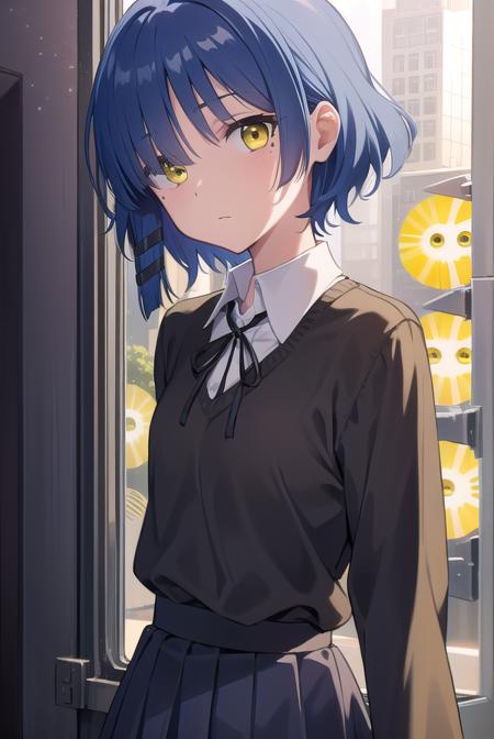 ryouyamada, <lora:ryouyamadatest:1>, ryou yamada, blue hair, eyes visible through hair, mole, mole under eye, short hair, (yellow eyes:1.5), hairclips,
BREAK black pantyhose, black ribbon, blue skirt, brown footwear, loafers, long sleeves, pantyhose, ribbon, school uniform, shimokitazawa high school uniform, shirt, shoes, skirt, white shirt,,
BREAK looking at viewer,
BREAK indoors, classroom,
BREAK <lora:GoodHands-vanilla:1>, (masterpiece:1.2), best quality, high resolution, unity 8k wallpaper, (illustration:0.8), (beautiful detailed eyes:1.6), extremely detailed face, perfect lighting, extremely detailed CG, (perfect hands, perfect anatomy),