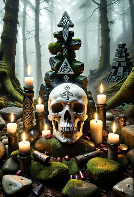 score_9, score_8_up, score_7_up, score_6_up, score_5_up, score_4_up, (absurdres, best quality, masterpiece:1.4), illustration, photorealistic, cinematic lighting, dynamic angle, perfect composition, skull, skull totems, glowing symbols, ancient shrine, foggy forest, moss-covered stones, ethereal atmosphere, dark magic, candlelight, mystical runes, mist, sacred