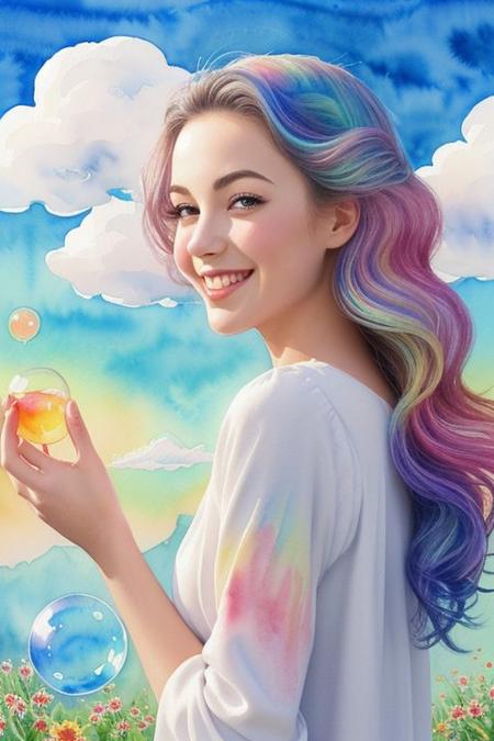 (artwork, Maximum quality, Best quality, watercolor (medium), official art, Beautiful and Aesthetic:1.2), (1 girl:1.3), (fractal art:1.3), morning, Good morning, Smile, sunny day, cheerful, look at viewer, Pattern, wave, (iridescent hair, colorful Hair:1.2), Sky, Gas, clouds, colorful, soap bubbles