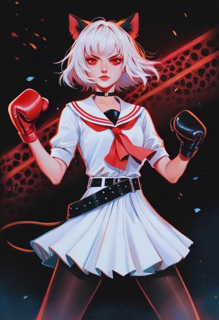 score_9, score_8_up, score_7_up, score_6_up, VitWaterStyle, 1girl, stands in a fighting position, boxing, (young:1.2) girl (white hair, bangs, black cat ears, red eyes, black gloves), (dressed in a white shirt, red tie, white skirt with a black belt, black choker, black tights), dark background, urban, night, neon, moonlight, contour light, dynamic scene, detailed, masterpiece, wide angle