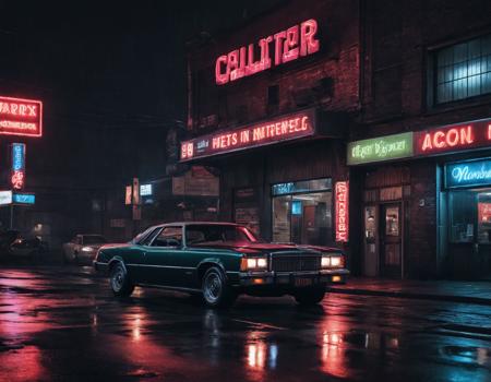 Neon noir <lora:AB ILL Vehicle:1>,Andrew Bell,car,classic, . Cyberpunk, dark, rainy streets, neon signs, high contrast, low light, vibrant, highly detailed