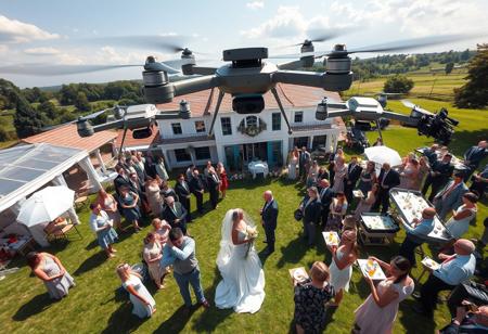 Side view from above of a wedding buffet on a sunny summer day on the open lawn of a country house. The groom, the bride in white wedding attire, the bride's girlfriends, many guests, waiters with drinks on trays. Several futuristic drones with professional video equipment fly over the wedding buffet, choosing successful views and filming. 64 megapixels