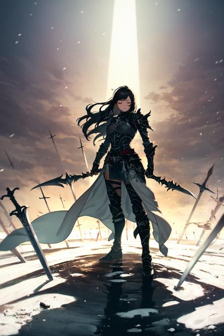 black hair, blue eyes, 1girl, long hair, floating hair, focused, planted sword, armor, final fantasy xiv armor, dark knight, eyes closed, planted, black armor, (solo:1.2), snow, 
BREAK multiple tombstones, reflection, ray tracing, dynamic lighting, volumetric lighting, purple aura, dark aura
 <lora:ubw:1>