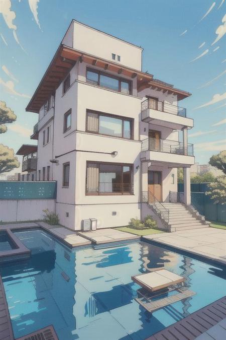 1 modern house, sketch,  glasses, balcony, <lora:architect1:.8>  watercolour, swimming pool, (masterpiece, best quality, beautiful and aesthetic:1.2), (ultra detailed, extremely delicate:1.3), (facing camera:1.2), rich vivid detailed background