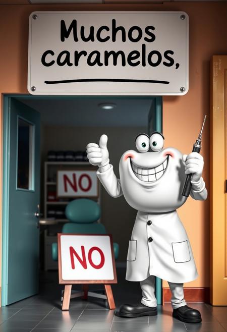 Sign sitting at a dentist office saying "Muchos caramelos, NO", a goofy toothed dentist stands with a drill in hand, 
CHRC4ND7