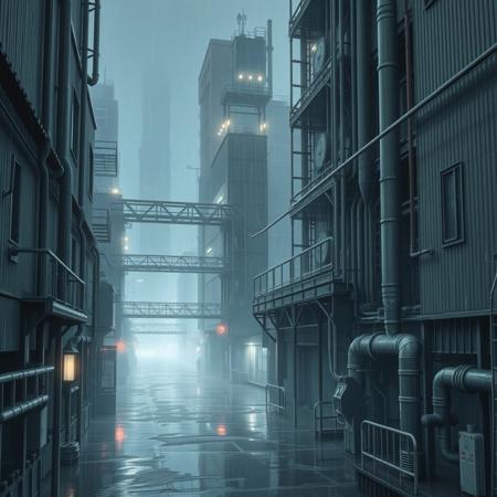 A liminal space in Amegakure, the Hidden Rain Village, exactly as seen in Naruto. Towering metal buildings rise into the misty sky, their surfaces slick with constant rainfall. The narrow streets are lined with pipes, walkways, and industrial structures, all soaked in a never-ending drizzle. Neon lights flicker faintly, reflecting in the puddles that cover the ground.
The village is completely empty—no people, no movement, only the sound of raindrops echoing through the deserted alleys. The metal bridges connecting the high-rise structures stretch into the distance, disappearing into the fog. The air is thick with humidity, and the usual bustling presence of shinobi is gone. The city feels suspended in time, its mechanical heart still beating, but with no one left to witness it. The rain continues to fall, endlessly, over a village lost in solitude.