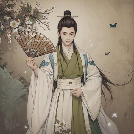 (masterpiece:0.8),best quality,
gongbiv,gongbi painting,1boy,hanfu,male focus,solo,bug,chinese clothes,butterfly,branch,flower,holding,long hair,brown background,black hair,hand fan,hair ornament,robe,single hair bun,hair bun,upper body,wide sleeves,holding fan,leaf,tassel,long sleeves,standing,black eyes,folding fan,topknot,hair stick,brown eyes,white butterfly,beads,plant,smile,korean clothes,looking at viewer,sash,hand up,braid,brown hair,looking to the side,simple background,lips,androgynous,white robe,parted lips,looking away,white flower,
Chinese style meticulous painting,<lora:gongbi painting:0.8>,